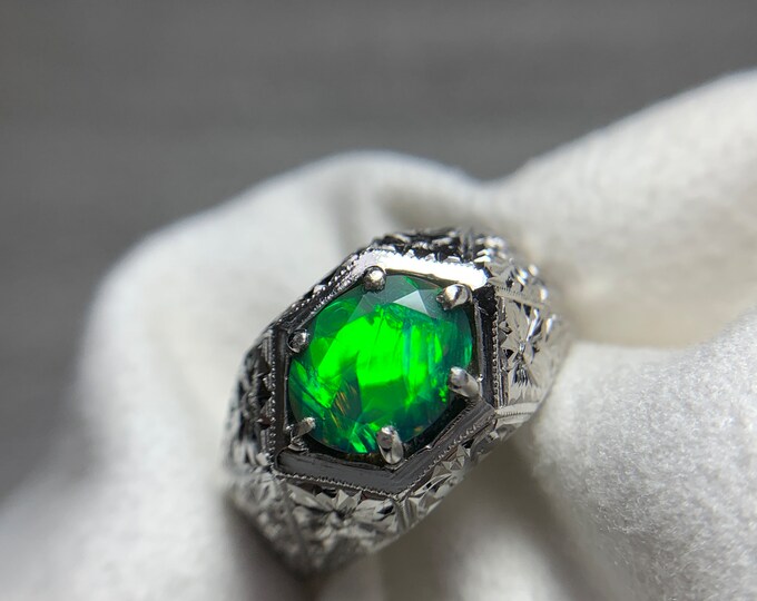 Natural Black Opal Ring . Faceted Top Green Colour Black Opal . Black Opal Gents Ring . Heavy Hand Crafty Work Hand Made Silver Ring .
