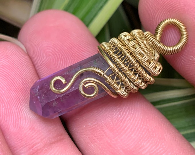 AAA Quality Bi Color Pencil Shape Hexagon Cut  Natural Fluorite  Pendant In Wire Rapped Brass . Bi Color Fluorite Crystal Pendant. Wire Rapp