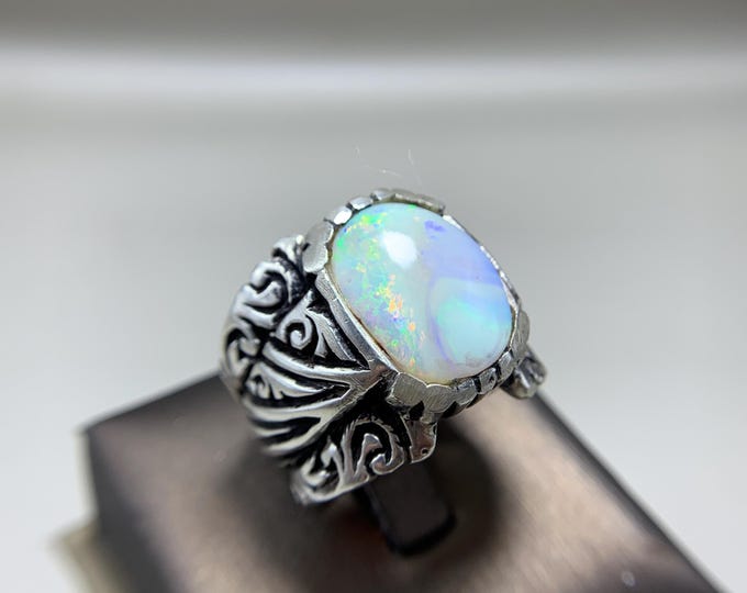 Natural 7.5 Ct Australian White Opal Gents Ring – Handcrafted in Sterling Silver with Heavy Artisan Detailing. Opal Ring. Gents Opal Ring.