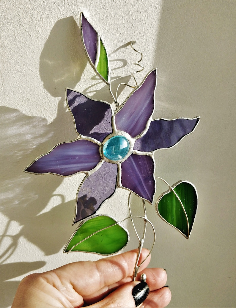 Stained glass flower suncatcher Lilac/Blue clematis Flower Etsy