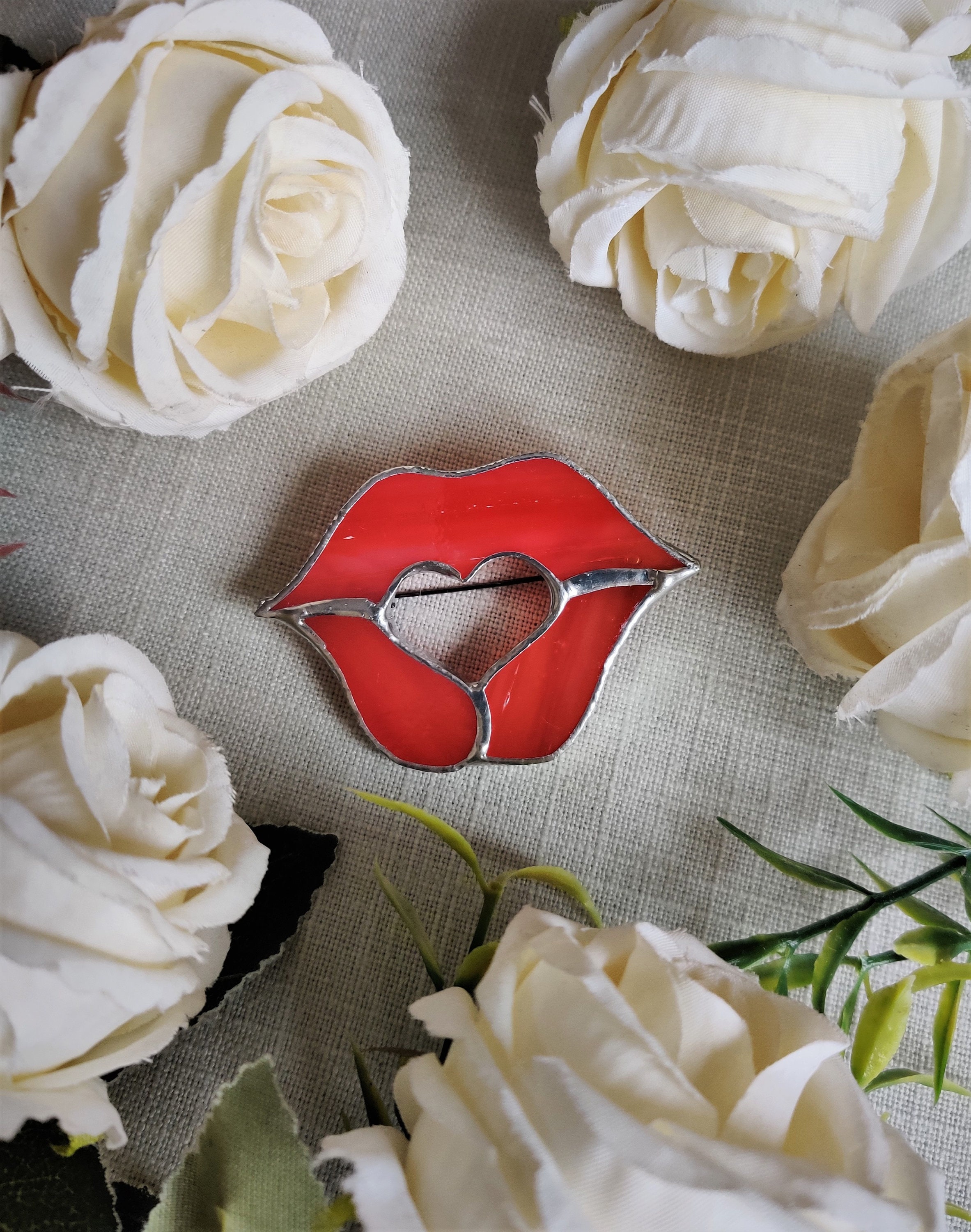Red lips brooch Heart jewelry Art glass brooch Lesbian gift Etsy