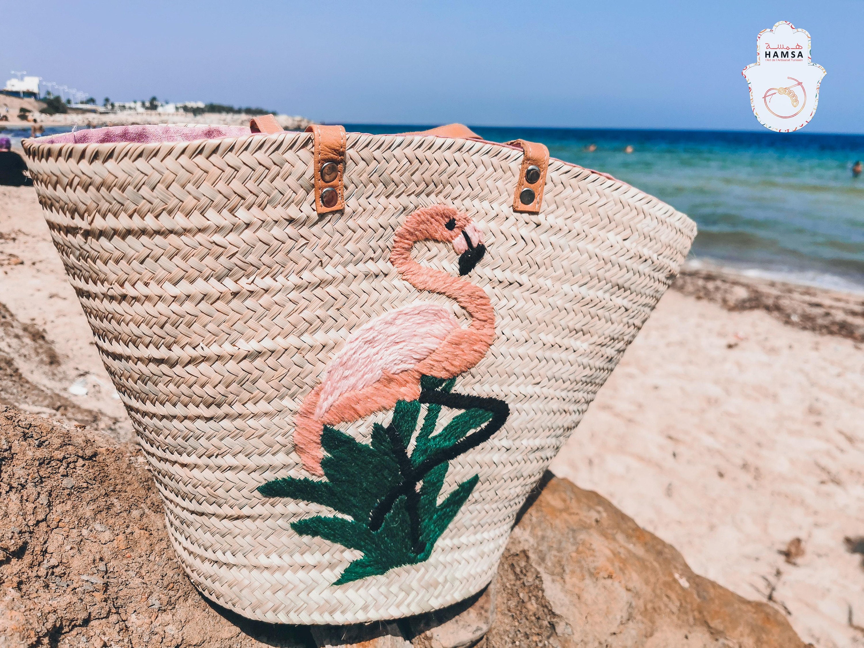 Flamingo straw bag Pink embroidered flamingo french basket Etsy