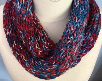 Infinity Scarf Double Snood Red Blue White Handmade Knitted Unique