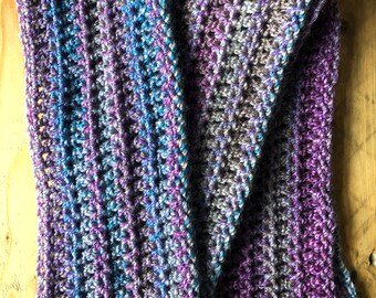 Extra Long Crochet Scarf Purple Blue Grey Handmade Unique