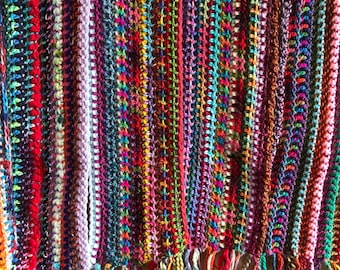 Extra Long Happy Hippie Crochet Tasselled Scarf Chunky Textured Multicoloured Handmade Unique