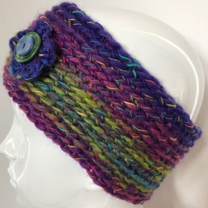 Cosy Crochet Earwarmer Headband Purple Green Blue Button Flower Size Medium