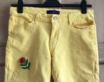 Lemon Yellow Overdyed Denim Levi’s Shorts with Rainbow Embroidery and an Embroidered Flower Upcycled Unique UK 12 US 8 EU 40