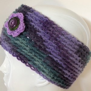 Cosy Crochet Earwarmer Headband Purple Green Button Flower Size Medium