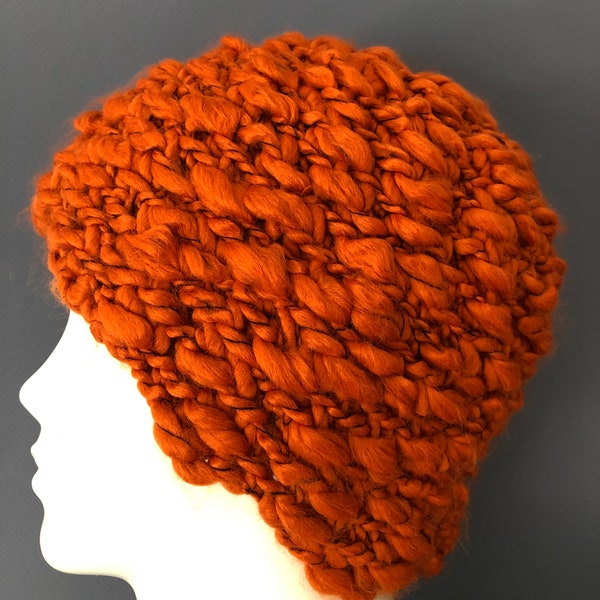 Cosy Beanie Slouchy Hat Chunky Flame Orange Terracotta Textured Angora Wool Soft Crochet Unique