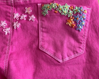 Embroidered Overdyed Hot Pink Jeans Jeggings Upcycled Unique Size 12 UK 36 EU 4 US