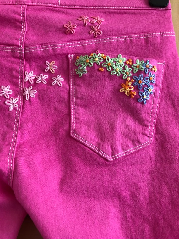 Embroidered Overdyed Hot Pink Jeans Jeggings Upcycled Unique Size