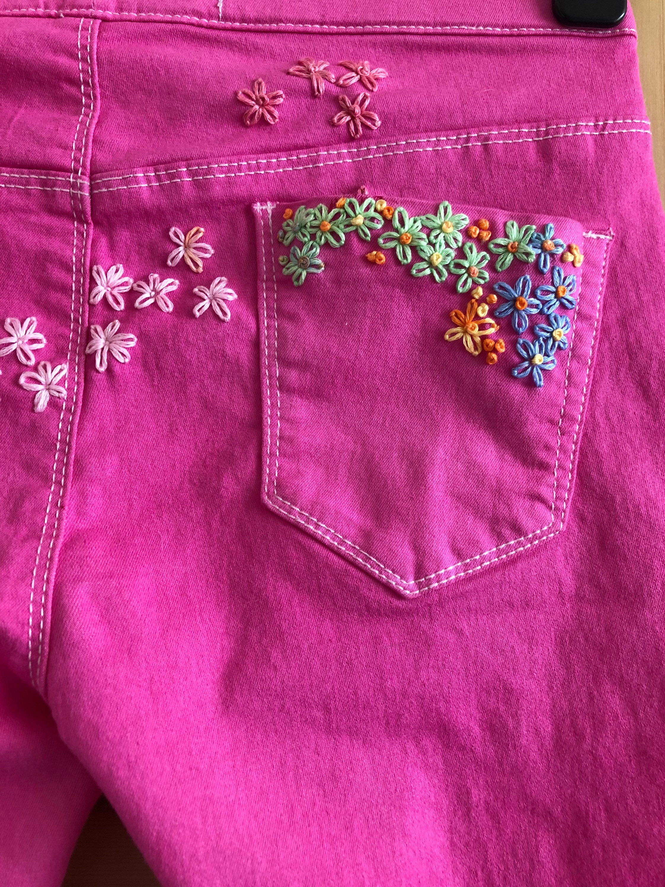 Embroidered Overdyed Hot Pink Jeans Jeggings Upcycled Unique