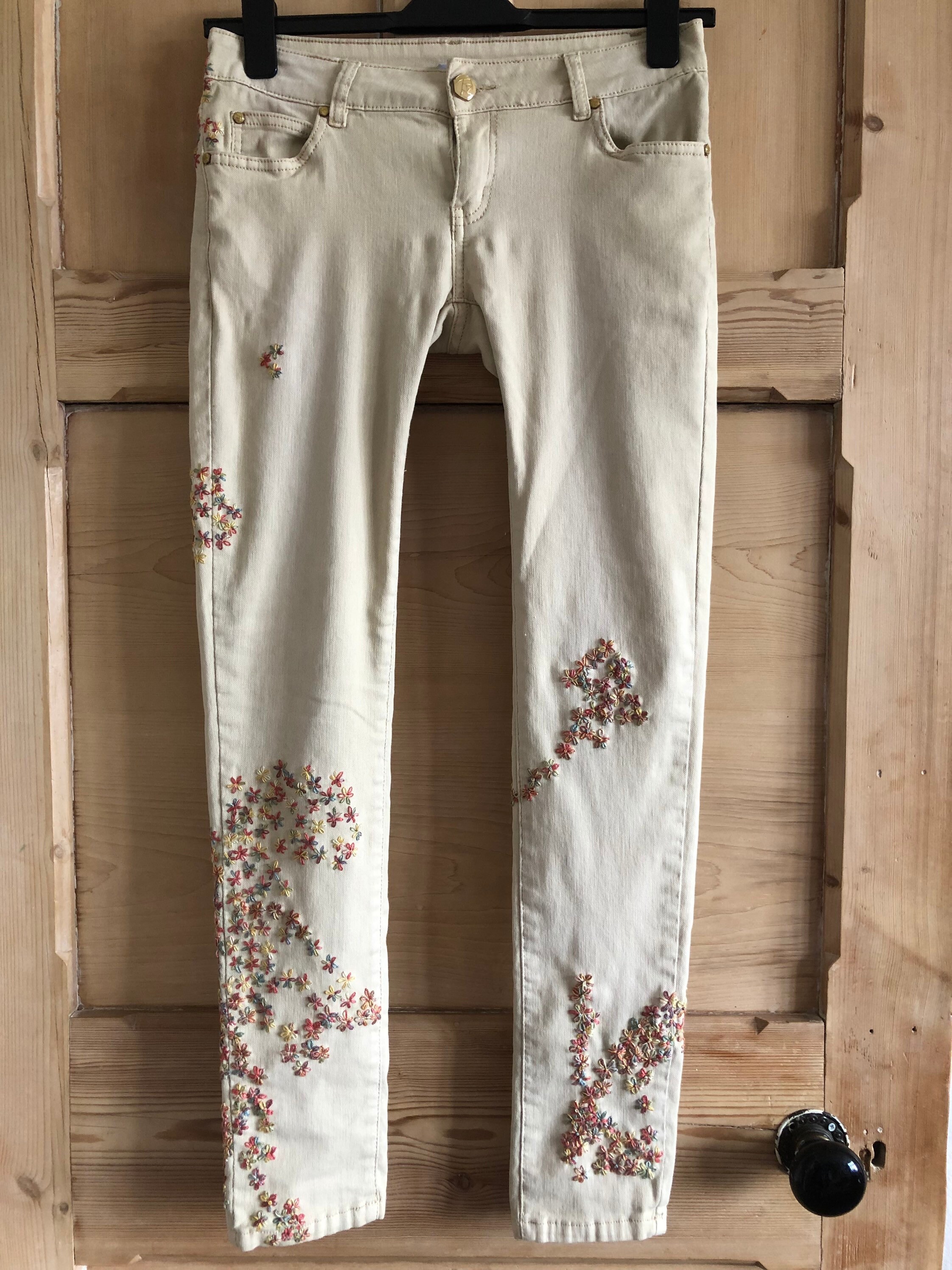 Hand Embroidered Cream Jeans Size UK 12 