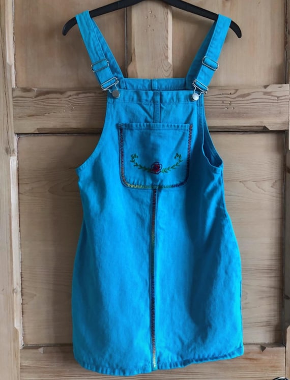 Overdyed Hand Embroidered Denim Dungaree Mini Dress Size 6 Turquoise