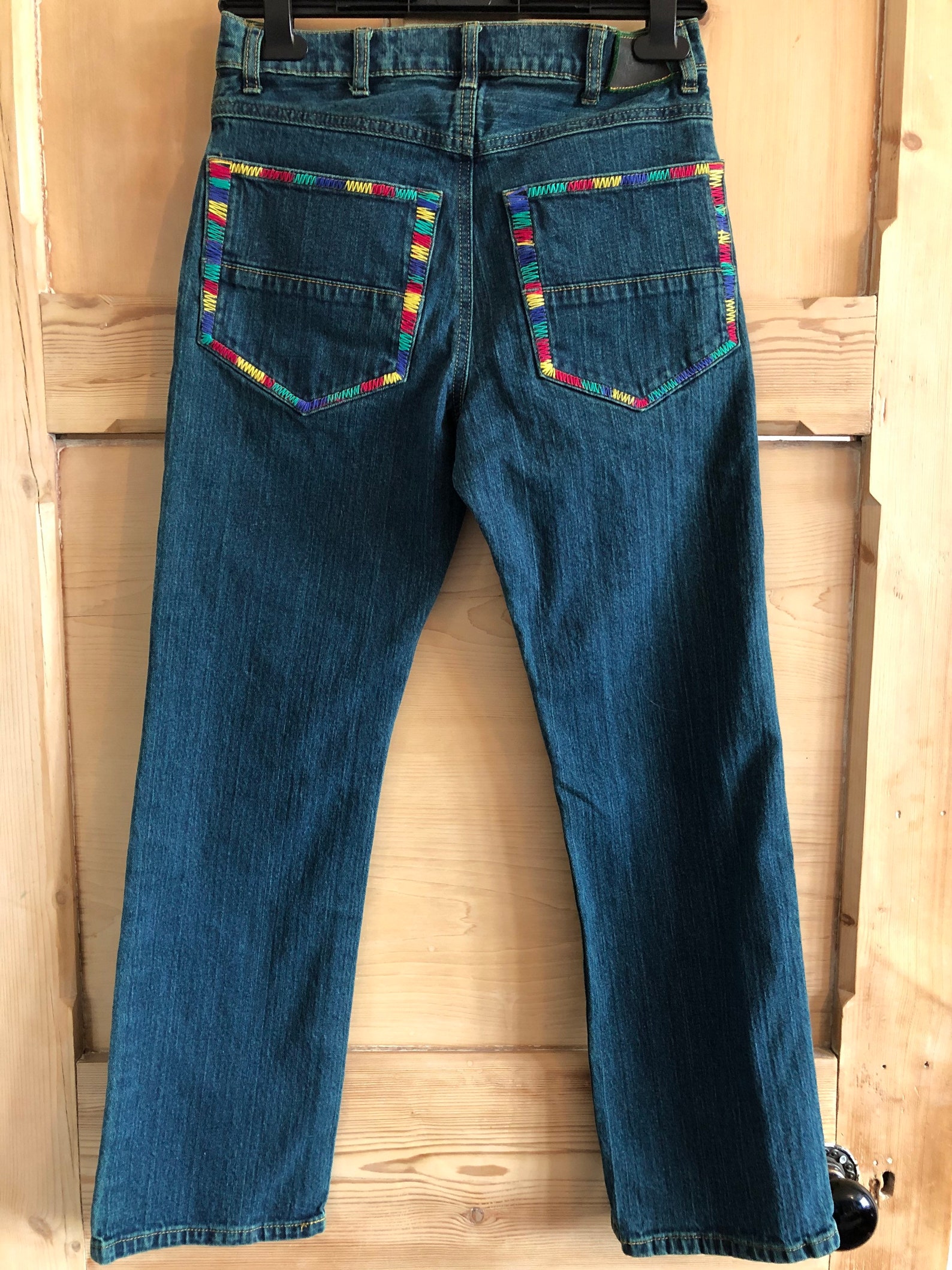 Embroidered Patched Rainbow Jeans Sashiko Boro Upcycled Unique Etsy