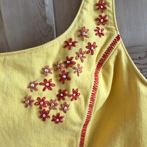 Overdyed Hand Embroidered Denim One Strap Mini Dress Size 12 UK 8 US Buttercup Yellow