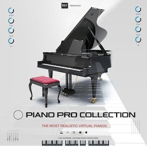 Op de afbeelding: Een glanzende zwarte vleugel met een open deksel en een bijpassende zwarte bank met een rood kussen. De afbeelding bevat de tekst "PIANO PRO COLLECTION" en "THE MOST REALISTIC VIRTUAL PIANOS".