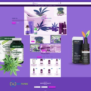 Puede incluir: Un sitio web para productos de cáñamo y CBD. El sitio web ofrece una variedad de productos, que incluyen aceite de cáñamo, cápsulas de cáñamo y aceite de CBD. El sitio web también ofrece una sección de tienda por categoría, donde los clientes pueden navegar por los productos por tipo. El sitio web está diseñado con un esquema de color morado y verde.