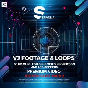 Op de afbeelding: Een blauwe en zwarte digitale afbeelding met de tekst "VJ FOOTAGE & LOOPS" en "50 HD CLIPS FOR CLUB VIDEO PROJECTION AND LED SCREENS". De tekst "PREMIUM VIDEO MOTION CLIPS PACK 2" is ook in de afbeelding opgenomen.