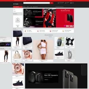 Op de afbeelding: Een website-homepage voor een online winkel genaamd Reyna Jacob, met een verscheidenheid aan producten, waaronder kleding, accessoires en huishoudelijke artikelen. De website heeft een rood-zwart kleurenschema en bevat een grote bannerafbeelding met de tekst "BIG SALE".