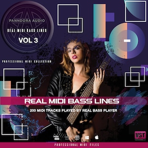 Könnte beinhalten: Eine Frau in einer schwarzen Lederjacke hält einen Bass. Das Bild ist für ein Produkt namens "Real MIDI Bass Lines Vol 3", das 200 MIDI-Tracks enthält, die von einem echten Bassisten gespielt wurden. Das Produkt ist eine professionelle MIDI-Sammlung.