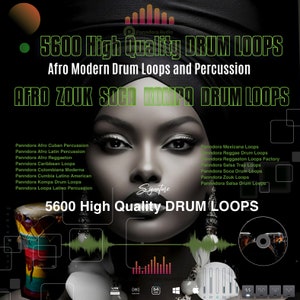 Puede incluir: Una imagen en blanco y negro de la cara de una mujer con el texto "5600 High Quality DRUM LOOPS" y "AFRO ZOUK SOCA KOMPA DRUM LOOPS" en texto verde y blanco. La imagen también incluye una lista de categorías de bucles de batería, como "Afro Cuban Percussion", "Afro Latin Percussion", "Afro Reggaeton", "Mexican Loops", "Reggae Drum Loops", "Reggaeton Loops Factory", "Salsa Trap Loops", "Soca Drum Loops", "Zouk Loops" y "Salsa Drum Loops".