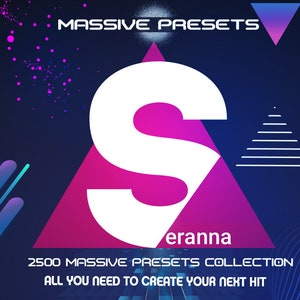 Könnte beinhalten: Ein Grafikdesign mit einem großen weißen Buchstaben "S" auf einem rosa und violetten Dreieck. Der Text "MASSIVE PRESETS" befindet sich oben im Bild, und der Text "2500 MASSIVE PRESETS COLLECTION ALL YOU NEED TO CREATE YOUR NEXT HIT" befindet sich unten im Bild.