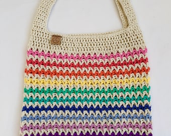 Crochet Striped Cotton Bag, Reusable Sustainable Bag, Market String Bag, Tote Bag, Shopping Bag, Shoulder Bag