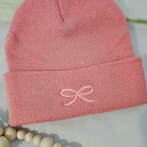 Embroidered Beanie Pink Bow | Pink Beanie With Pink Coquette Bow | Custom Pink Coquette Bow Beanie Cute Bow Beanie