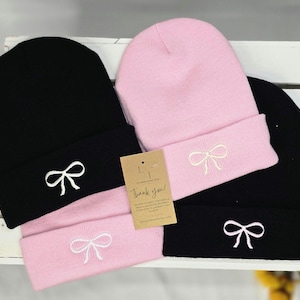 Embroidered Bow Beanie | Black Beanie With Pink Coquette Bow | Custom Pink Coquette Bow Beanie