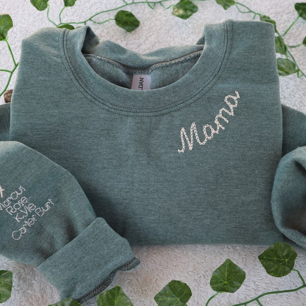 Mothers Day Gift personalized Mama Sweatshirt Embroidered Collar kids Names on Sleeve I Wear my Heart on Sleeve custom Embroidered Sweater