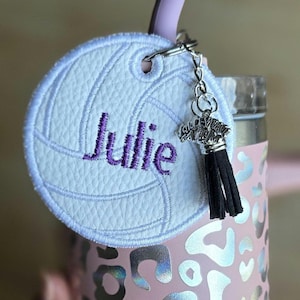 Personalized Volleyball Keychain: Embroidered Name Bag Tag with Charm