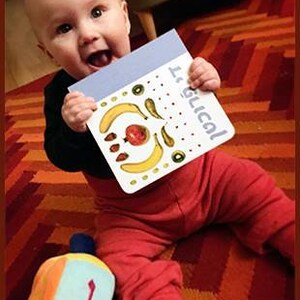May include: A baby in a red and black outfit holds a book titled "It's Logical!" The book has a colorful design with fruit and vegetables. The baby is sitting on a red and white patterned rug.