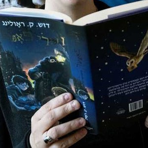 May include: A person is reading a book with a blue cover and a white owl illustration. The book title is in Hebrew and reads "The Owl and the Cat".