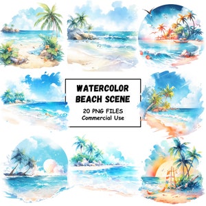 Watercolor Tropical Beach Scene Clipart PNG Format Instant Download For Commercial Use Transparent Background