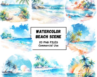 Aquarell Tropical Beach Szene Clipart PNG Format Sofortiger Download Für Kommerzielle Nutzung Transparenten Hintergrund