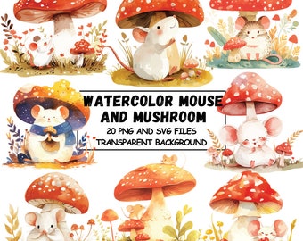 Clipart aquarelle souris et champignons : chambre de bébé PNG, SVG (téléchargement numérique), fond transparent