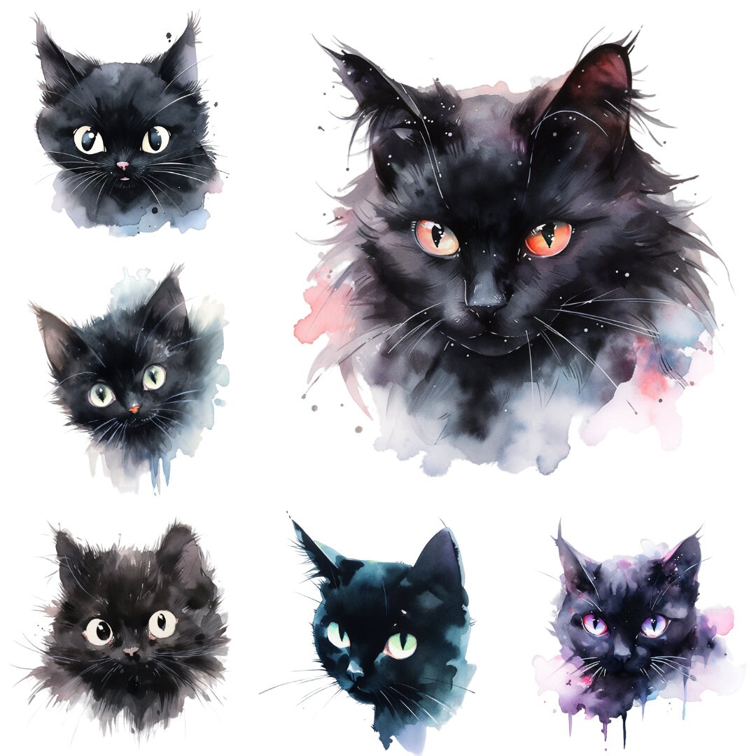 Watercolor Black Cat Portraits Clipart PNG Format Instant Download for ...