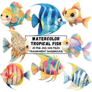 水彩画の熱帯魚のクリップアート、20 種類の高品質 PNG および SVG ファイル、水槽、海、海洋動物、印刷可能なグラフィック、透明な背景