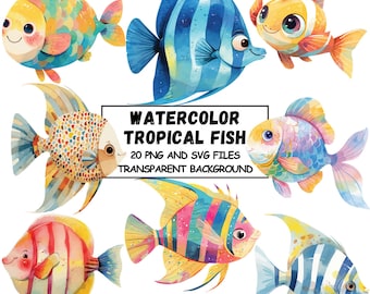 Watercolor Tropical Fish Clipart: 20 PNG & SVG Files (Digital Download), Transparent Background
