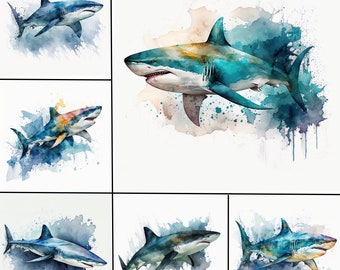 Watercolor Sharks Clipart, PNG Bundle (Digital Download)