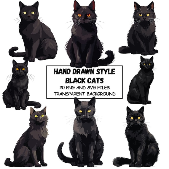 Watercolor Black Cats Clipart: Hand Drawn Style PNG & SVG (Commercial Use), Transparent Background