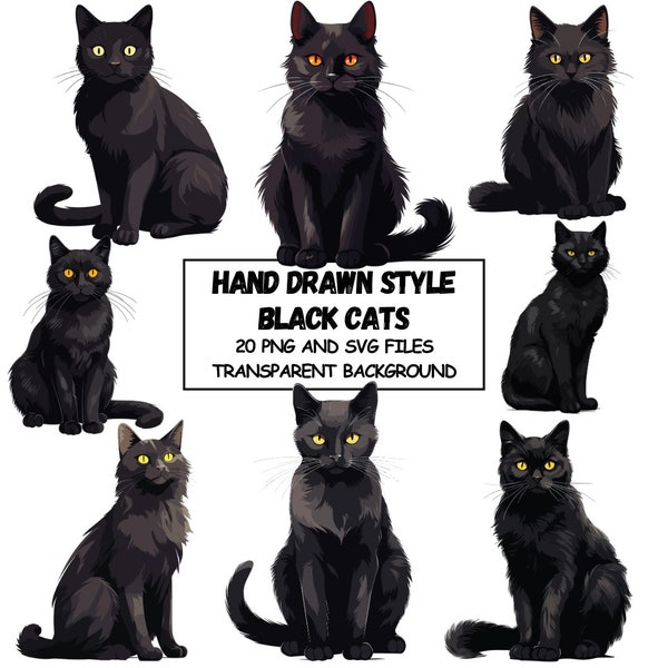 Hand Drawn Style Black Cats Clipart Watercolor Cats And Kittens In PNG and SVG Format Commercial Use Transparent Background