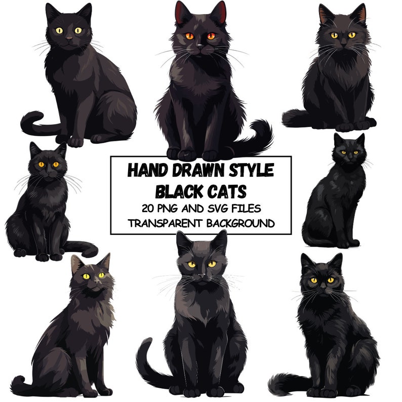 Hand Drawn Style Black Cats Clipart Watercolor Cats and Kittens in PNG