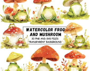 Watercolor Frog and Mushroom Clipart: Nursery PNG SVG (Digital Download), Transparent Background