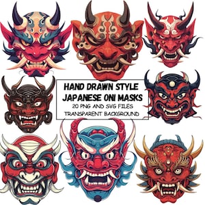 Puede incluir: Un conjunto de nueve máscaras japonesas Oni dibujadas a mano en varios colores y diseños. Las máscaras son todas de estilo tradicional y presentan dientes afilados, cuernos y otras características demoníacas. El texto "HAND DRAWN STYLE JAPANESE ONI MASKS 20 PNG AND SVG FILES TRANSPARENT BACKGROUND" se muestra debajo de las máscaras.