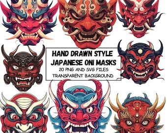 20 Clipart masque de démon japonais, masque Oni Anime png, tête d'oni, Format PNG et SVG téléchargement immédiat pour un usage commercial fond Transparent