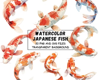 Imágenes prediseñadas de peces koi en acuarela: imágenes japonesas (descarga digital PNG y SVG), fondo transparente