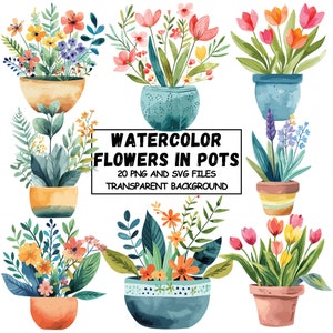 Aquarell Blumen In Töpfen Clipart 20 hochwertige PNGs und SVGs, Frühling Pflanzer, Aquarell Blumentöpfe, kommerzielle Nutzung, digitaler Download
