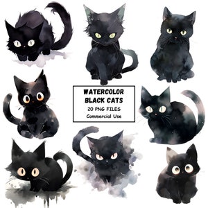 K&ouml;nnte beinhalten: Ein Set aus neun Aquarell-Illustrationen von schwarzen Katzen in verschiedenen Posen. Die Illustrationen sind im malerischen Stil mit weichen Kanten und subtilen Farb&uuml;berg&auml;ngen gehalten. Der Text "WATERCOLOR BLACK CATS 20 PNG FILES Commercial Use" ist im Bild enthalten.
